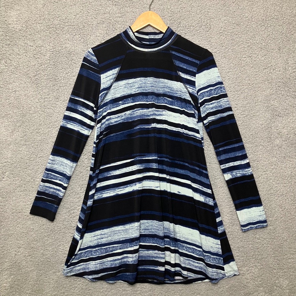 BCBGeneration Mini Dress Women S‎ Blue Striped Long Sleeve Mock Neck Swing Tunic